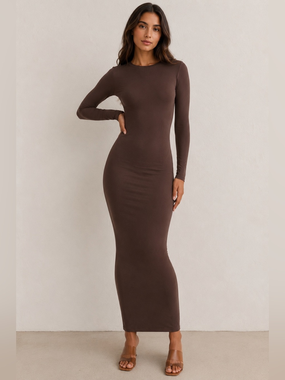 SKIMS Fits Everybody Long Sleeve Crewneck Maxi Dress Cocoa/Espresso Size Small